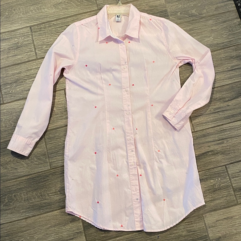 GAP Light Pink Womens Button Down Shirt Dress Hearts Embroidered Cotton Med 🩷🩶